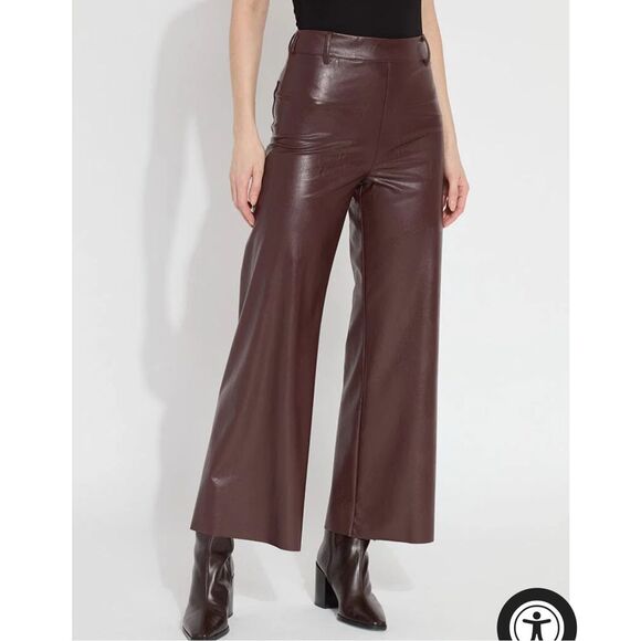 LYSSE NEW YORK $148 Vegan Leather Wide Leg pants deep burgundy large petite NWT - Picture 4 of 6